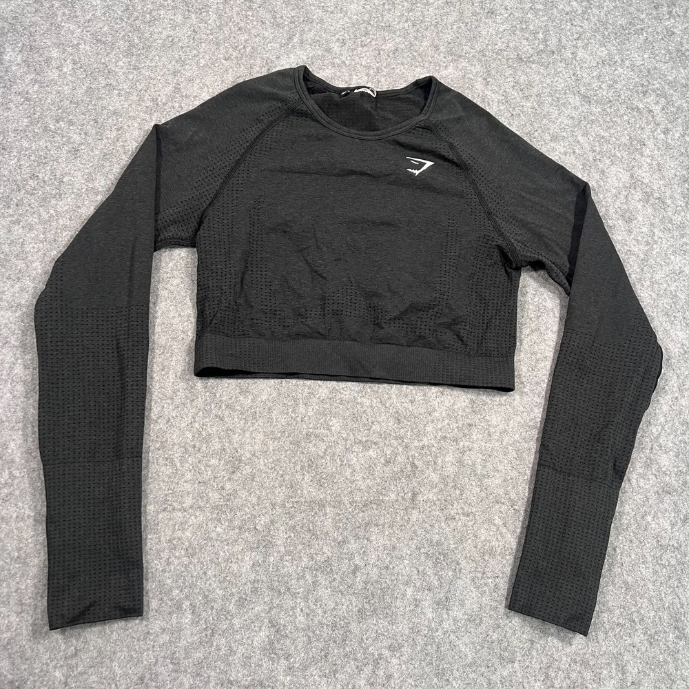 Gymshark Black Vital Adapt Long Sleeve Seamless Activewear Crop Top Women's Sz M